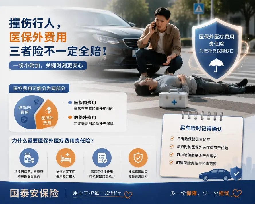 撞伤行人后,对方用了2万元医保外药品,三者险为什么可能不能全部赔?(图1) 撞伤行人后,对方用了2万元医保外药品,三者险为什么可能不能全部赔?(图1)