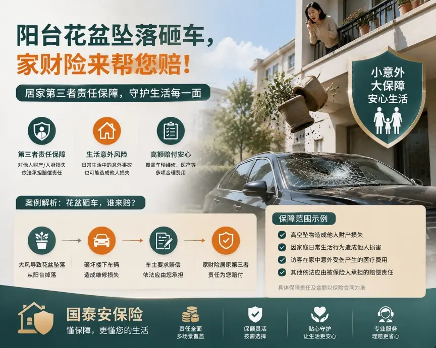 阳台花盆被大风吹落，砸坏楼下30万元轿车，家财险能帮房主赔吗？(图1)